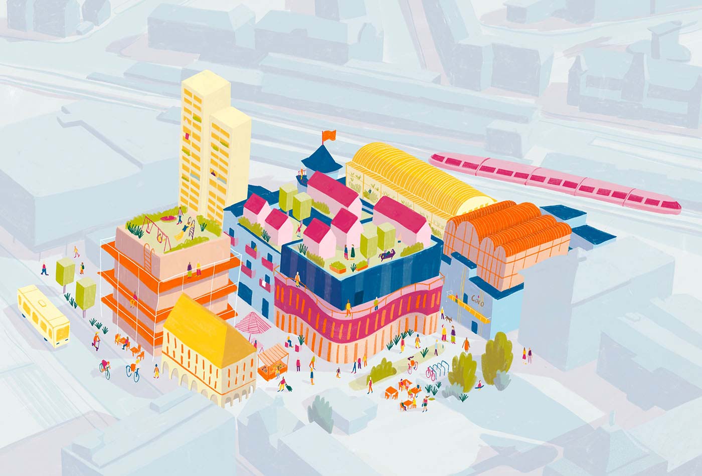 Die bunte Illustration von Studio Malta zeigt das Franck-Areal neben dem Bahnhof in Ludwigsburg.