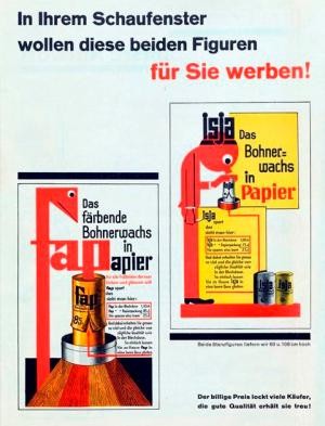 Werbeplakat für die Produkte isaja und fap - ein günstigeres Produkt für den Massenmarkt. Ca. 1930.