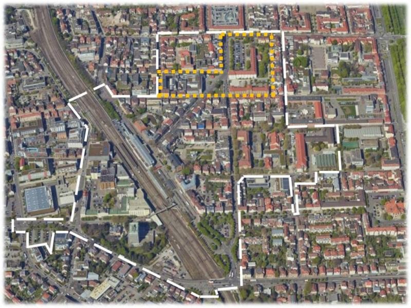 Luftbild Ludwigsburg mit dem Sanierungsgebiet ZIEL und darin das Projektgebiet ZIEL