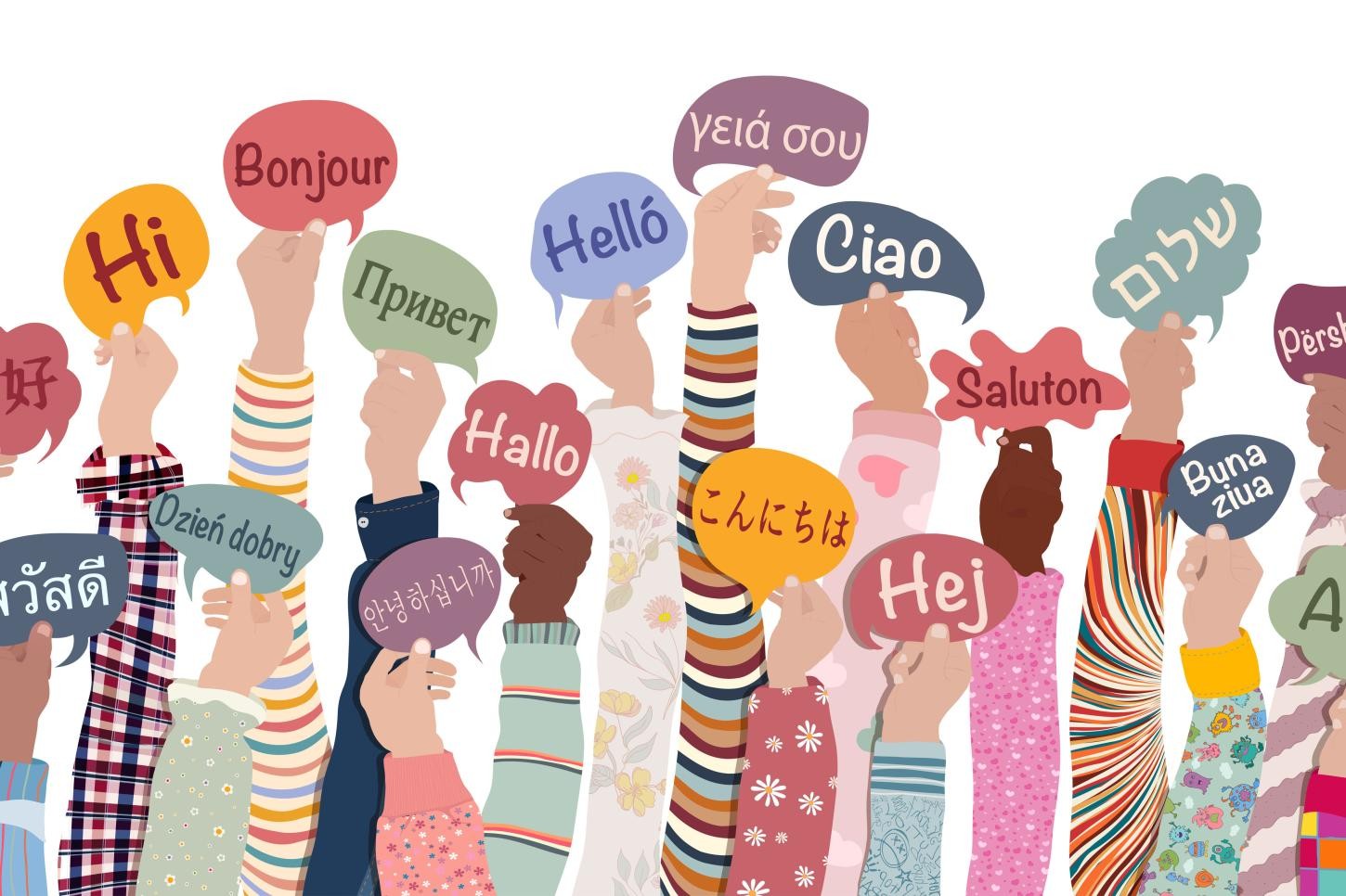 zum ehrenamtlichen Dolmetscherdienst Sprechblasen mit Begrüßungen in verschiedenen Sprachen