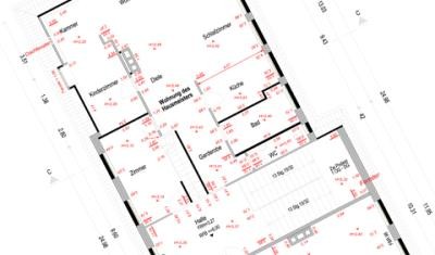 Grundriss eines Gebäudes mit der Vermessung der Gebäudeinnenaufnahme Grundriss eines Gebäudes mit der Vermessung der Gebäudeinnenaufnahme