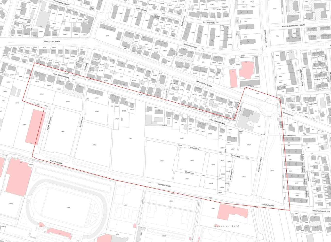 Stadtplanausschnitt mit Fluggebiet zum Drohnenflug Fuchshofstraße, Baugebiet Fuchshof am 18.12.2025