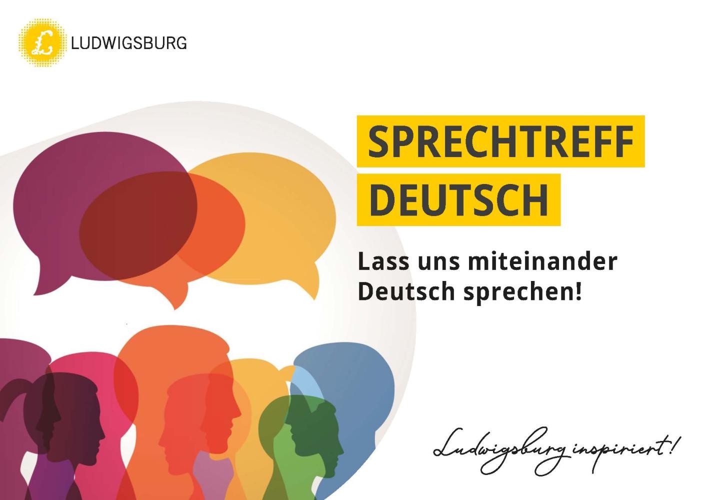 Sprechtreff Deutsch Sprechteff Deutsch Postkarte Illustration Menschen und Sprechblasen