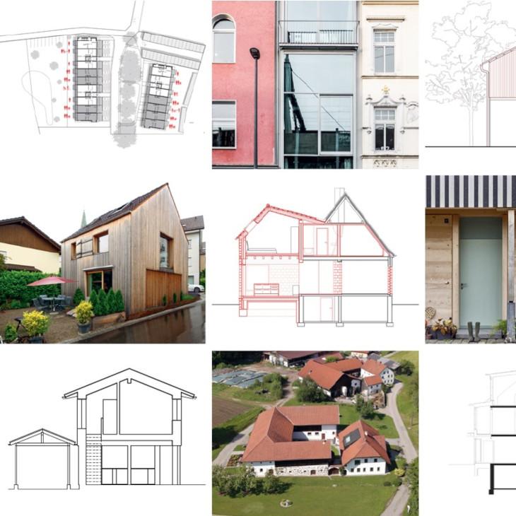 Das Bild zeigt eine Collage aus Fotos und Architekturplänen von Einfamilienhäusern