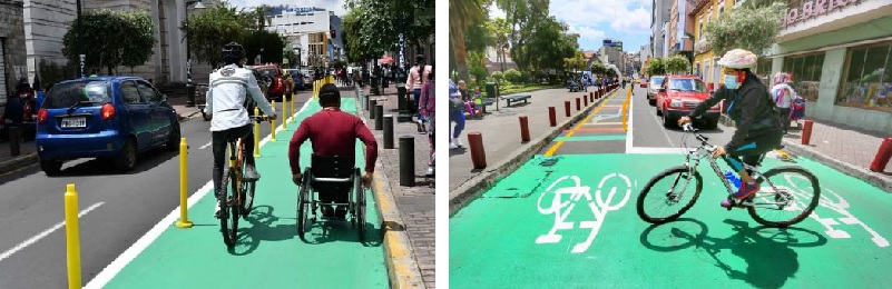 Links auf Radweg Fahrradfahrer und Rollstuhlfahrer, rechts Radfahrer 