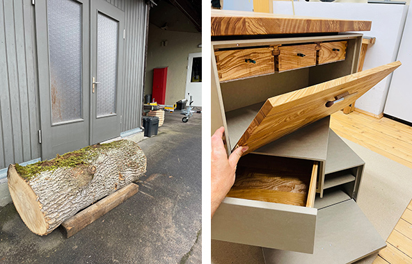 Das erste Bild zeigt einen Eschenstamm, das zweite ein drehbares Schubladenelement.