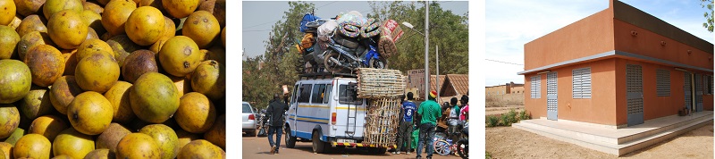 Bildercollage aus 3 Fotos: Obstkorb; ein beladener LKW in Kongoussi; eine Berufsschule in Kongoussi