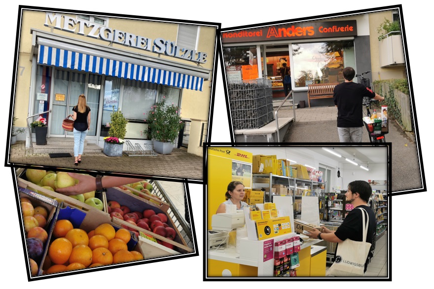 Collage Fotowettbewerb Vier Bilder von Läden: Metzgerei, Bäckerei, Obststand, Poststelle
