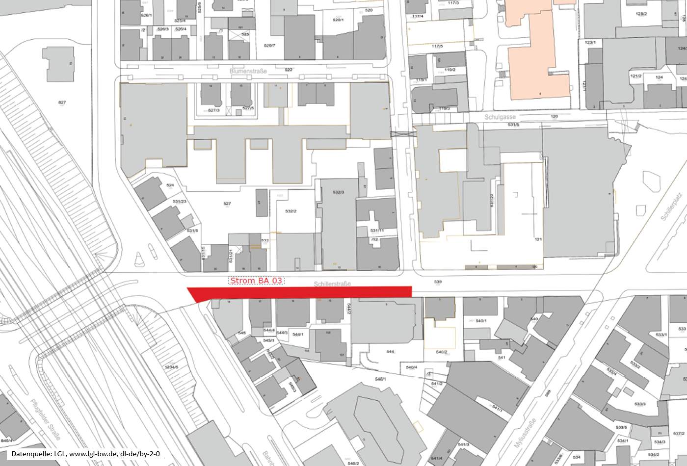 Kartenausschnitt mit rot markiertem Nauabschnitt Strom 03