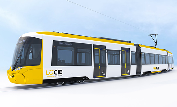 Visualisierung der geplanten Stadtbahn - mit Aufschrift LUCIE