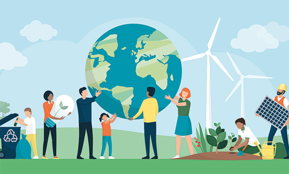 Das Bild zeigt mehrere Menschen. Vier von ihnen halten eine Weltkugel, die anderen trennen Müll, tragen eine übergroße Energiesparlampe, pflanzen einen Baum und tragen ein Solar-Panel.