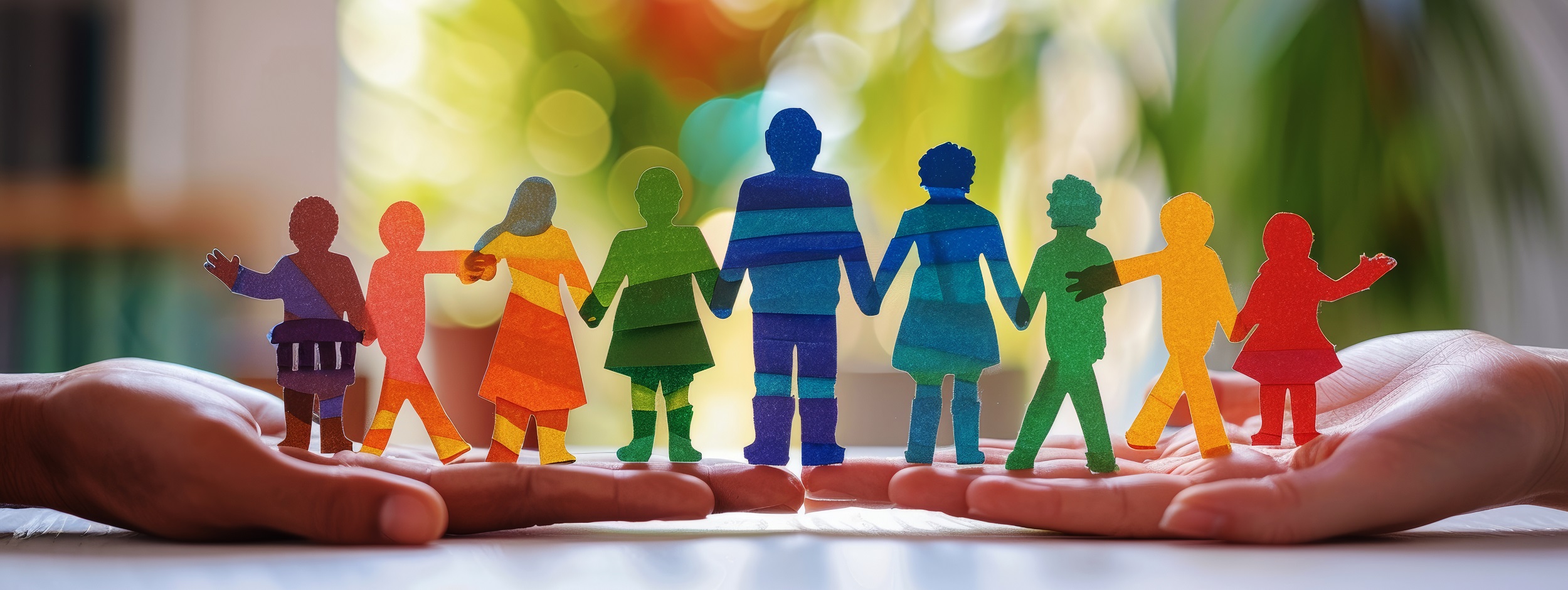 Zwei Hände halten bunte Papierfiguren vor einem verschwommenen Hintergrund.