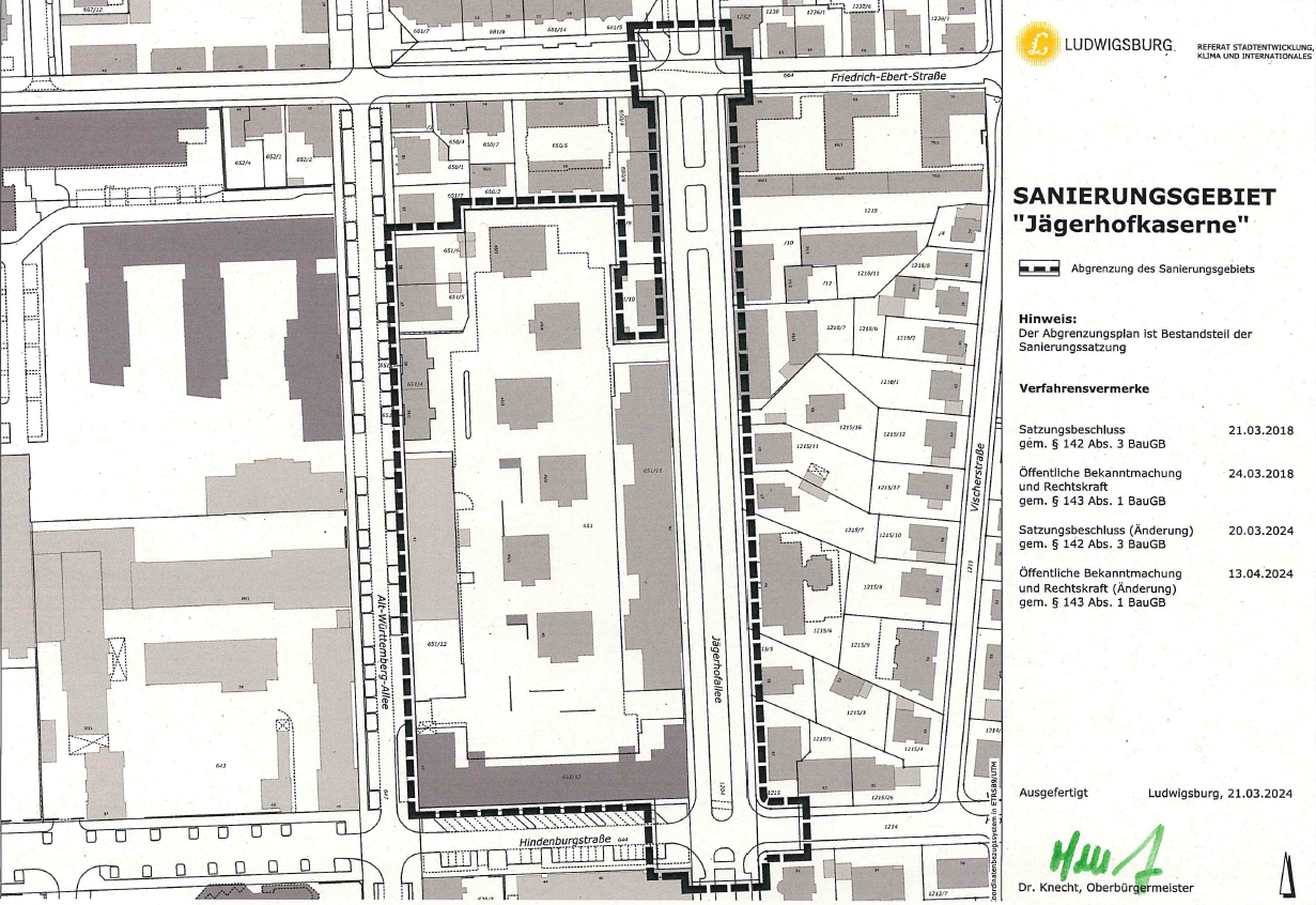 Lageplan Sanierungsgebiet Jägerhofkaserne vom 22.03.2018