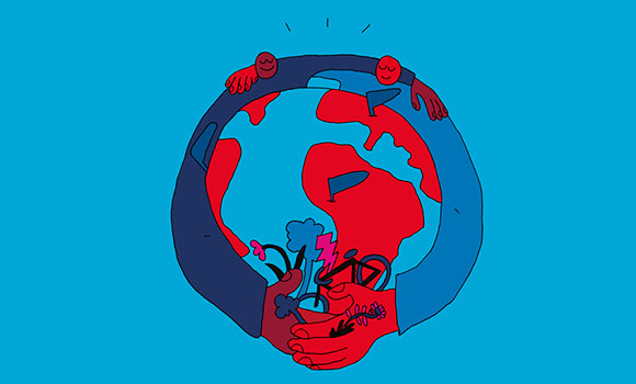 Auf der Illustration bilden zwei sich die Hand gebende Arme eine Weltkugel.