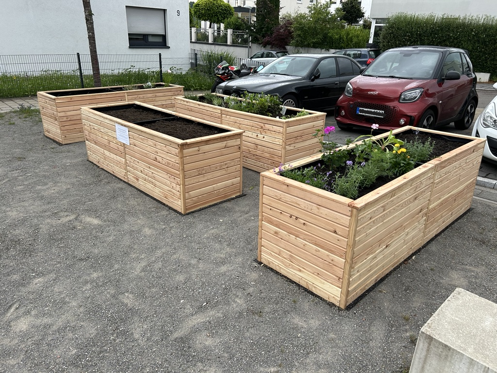 Hochbeete auf dem Quartiersplatz Vier frisch bepflanzte Hochbeete