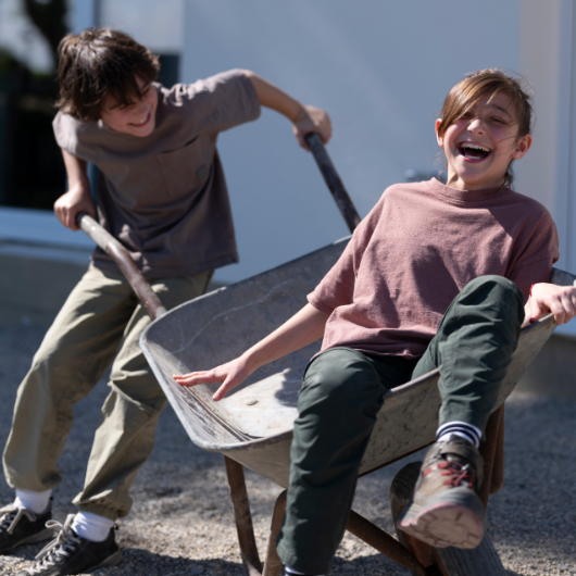 Kinder in Schubkarre