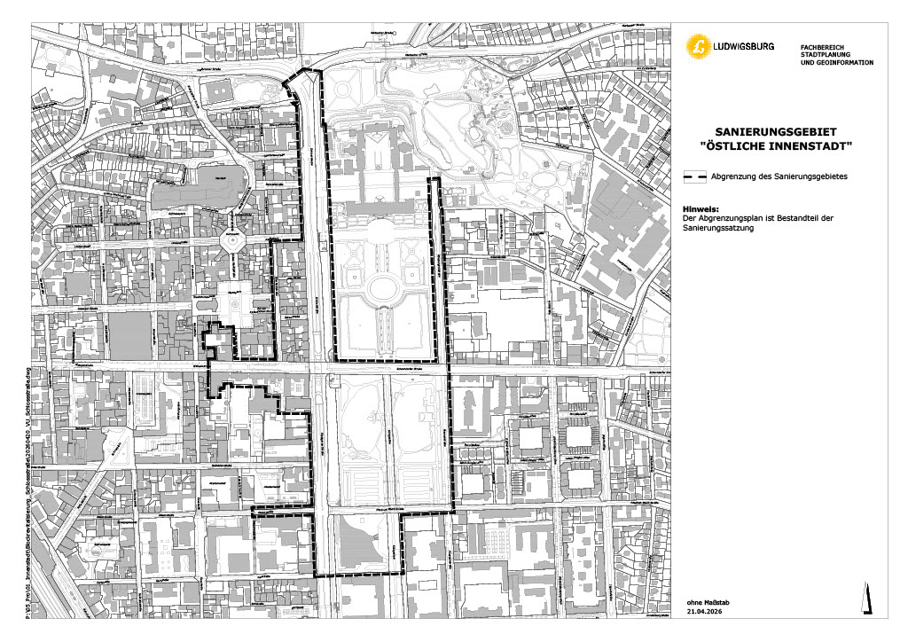 Stadtplan Ludwigsburg mit gekennzeichnetem Sanierungsgebiet
