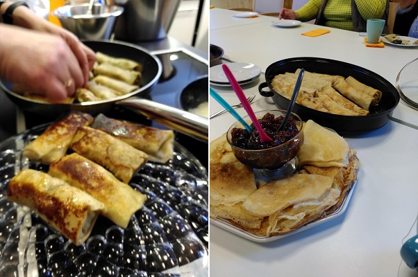 Links: Ukrainische gefüllte Pfannkuchen (Blinis) in der Pfanne. Rechts: Blinis servierfertig.