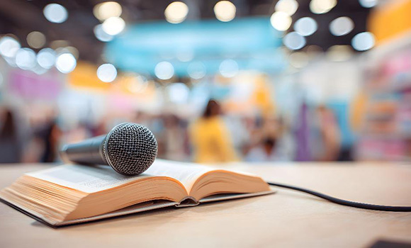 Auf einem Tisch liegt ein aufgeschlagenes Buch und darauf ein Mikrofon.