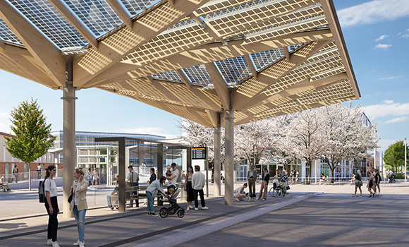 Über die Mittelinsel des Busbahnhofs spannt sich ein großes Dach.