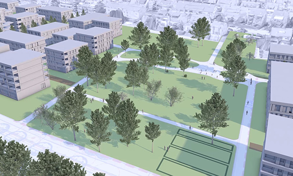 Die Visualisierung zeigt mehrere Mehrfamilienhäuser und dazwischen eine Grünanlage mit Bäumen.