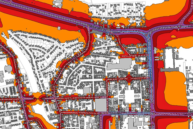 Lärmkarte mit rot gefärbten Schwerpunkten