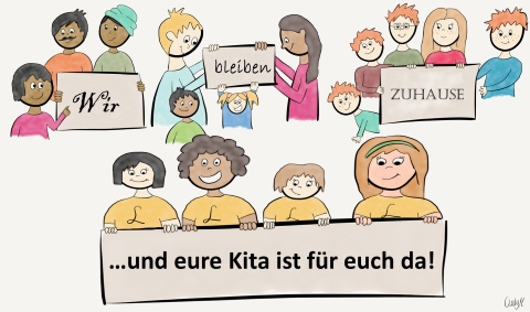 Zeichnung mehrere Familien mit der Aufschrift Wir bleiben zu Hause und eure Kita ist für euch da.