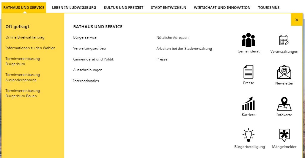 Ansicht Untermenü von Ludwigsburg.de am PC oder Laptop
