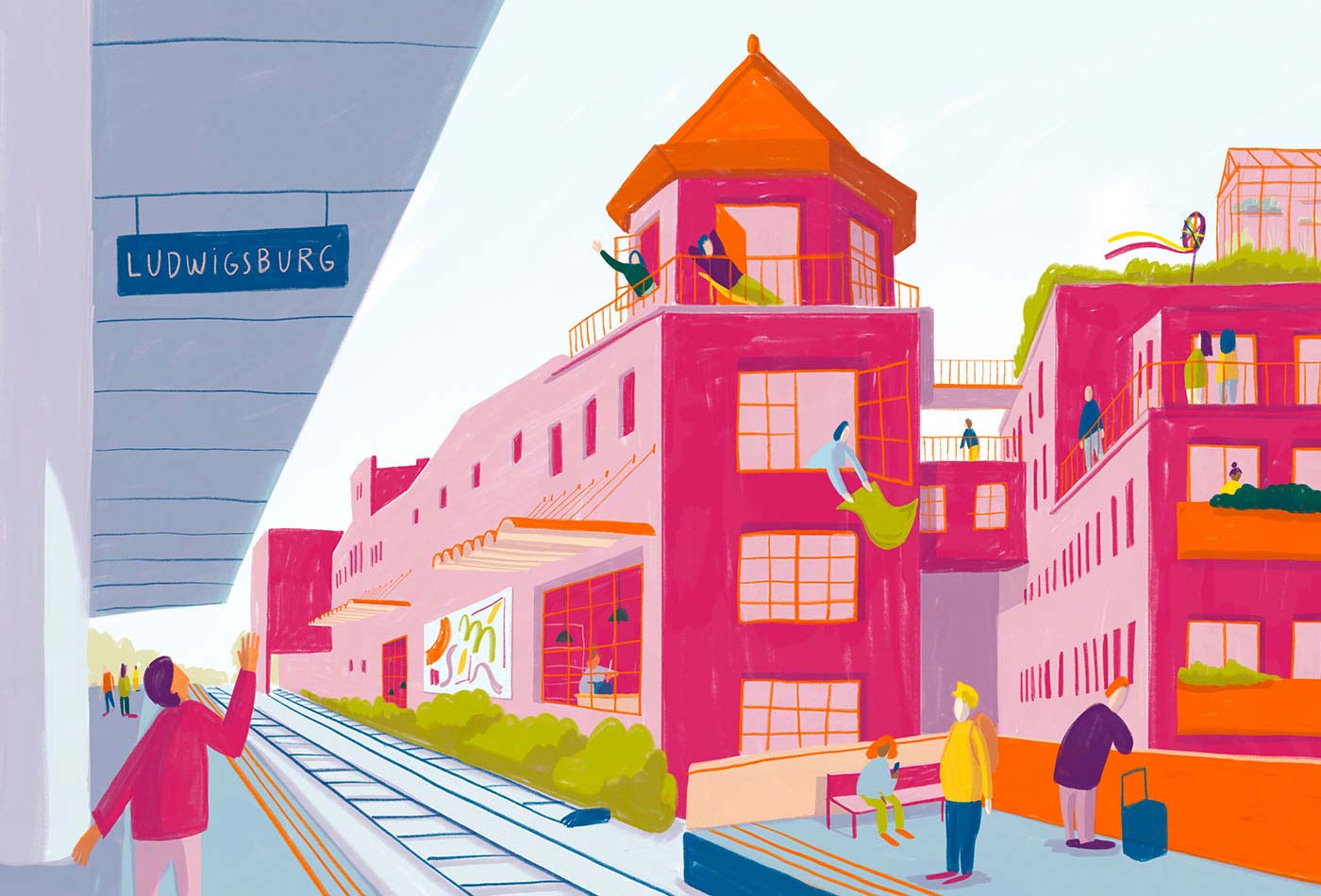 Die bunte Illustration von Studio Malta zeigt das Franck-Areal aus der perspektive des Bahnhofs.