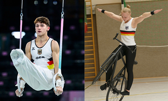 Timo Eder an den Ringen und Lara Füller auf dem Rad.