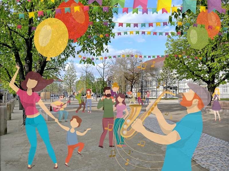Gezeichnete Personen feiern und schlendern auf dem neuen Arsenalplatz