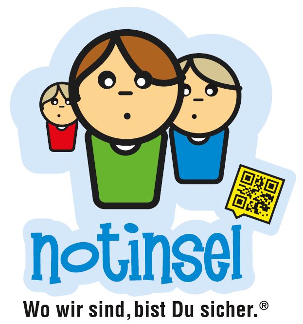 Notinsel-Logo: Abbildung dreier stilisierter Kinder, darunter Botschaft Notinsel, wo wir sind, bist Du sicher. Rechts mittig ein scannbarer QR-Code, der zur Homepage des Notinsel-Projekts führt.