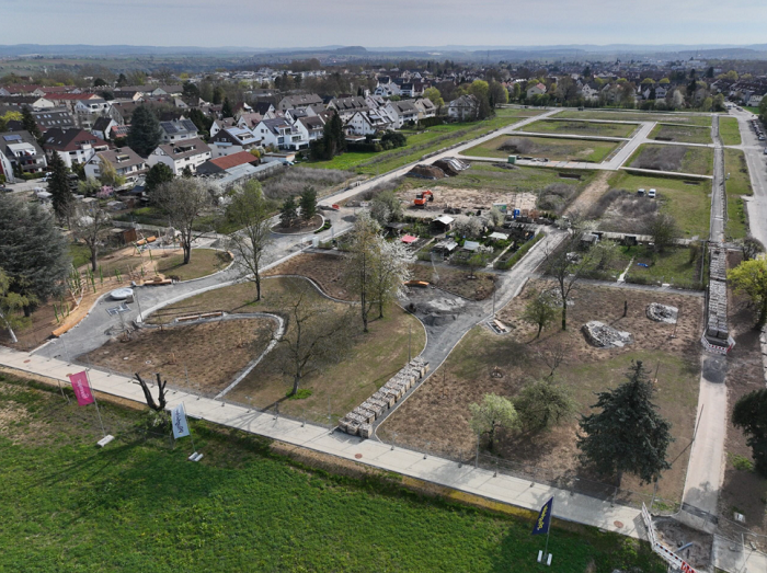 Luftbild Baustelle Neubau Spielplatz Fuchshof