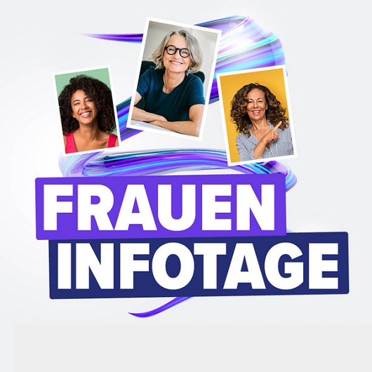 Schriftzug Fraueninfotage, darüber drei Portraits von Frauen