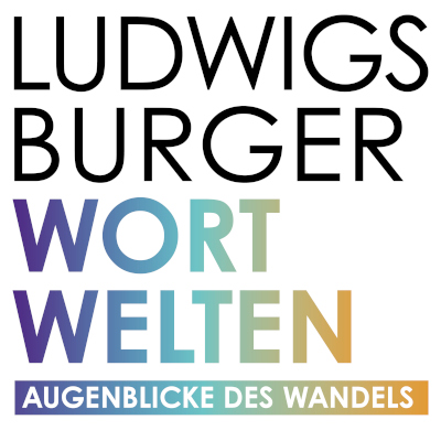 Ludwigsburger WORT WELTEN Schwarze Schrift zeigt den Schriftzug "Ludwigsburger". Darunter in bunter Regenbogenschrift steht WORT WELTEN.