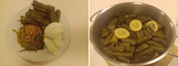 Links: Sarma mit Gemüse und Reis auf einem Teller. Rechts: Sarma im Topf