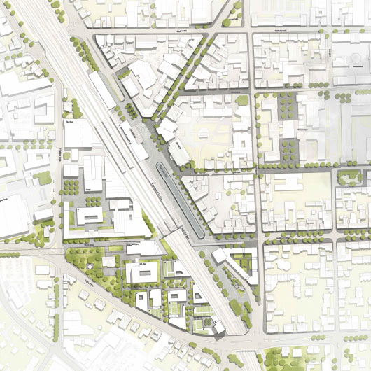 Lageplan vom Bahnhofsareal mit Entwurf