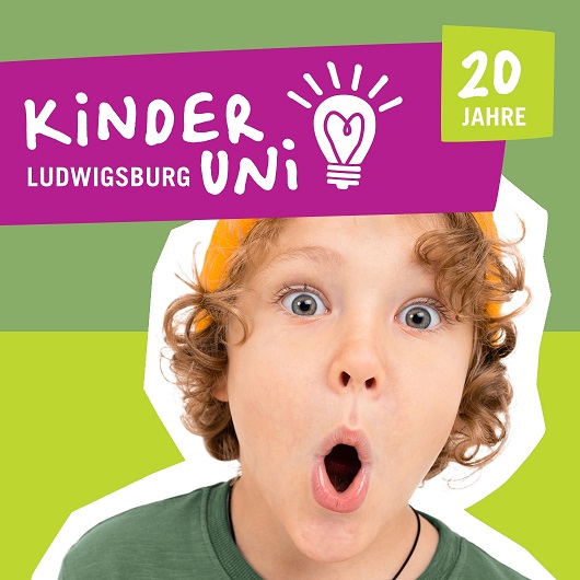 Logo der Kinderuni Ludwigsburg - ein staunendes Kindergesicht, dabei Schriftzug Kinderuni und eine Glühbirne
