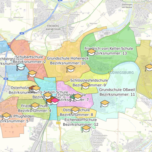 Karte der Schulbezirke in Ludwigsburg