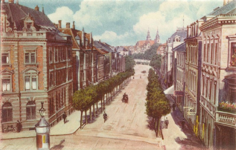 Eine auf einer um 1905 entstandenen Zeichnung beruhenden Postkarte der Myliusstraße.