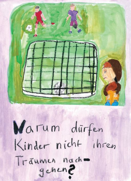 Gemalt von einem Kind des Jahreskurs Bildende Kunst an der Kunstschule Labyrinth, mit Javiera Advis Zeichnung eines Kindes, Kinder beim Fußballspielen und ein Tor