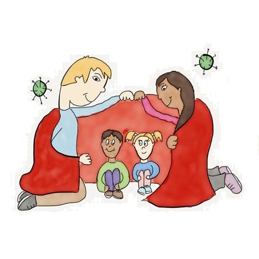 Zeichnung: Erwachsene halten schützend ein Tuch um zwei Kinder gegen Corona