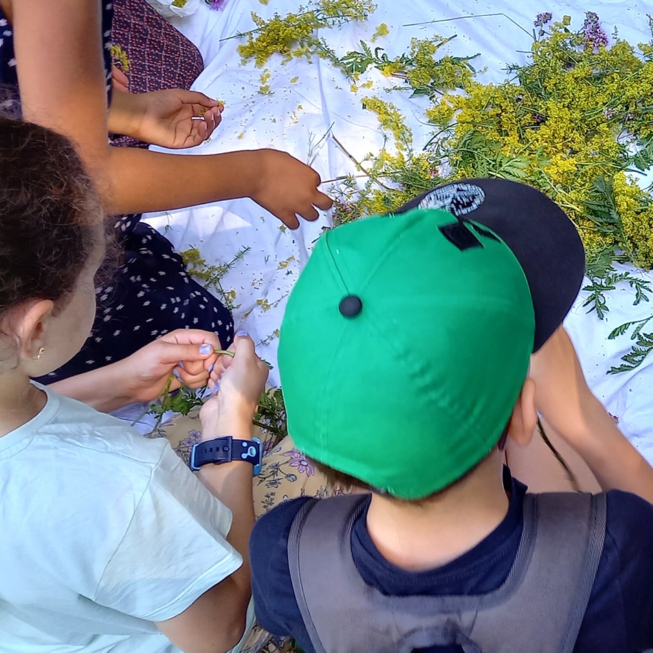 Kinder sitzen im Kreis auf einem Tuch und betrachten frische Kräuter