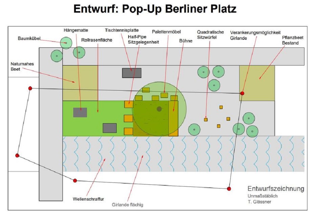 Entwurf temporäre Maßnahme Skizze vom Platz mit den geplanten Elementen