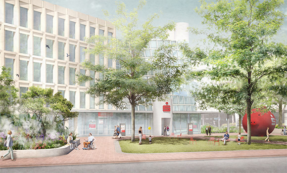 Platz vor der Kreissparkasse mit Pflanzflächen, Bäumen und Nebeldüsen.
