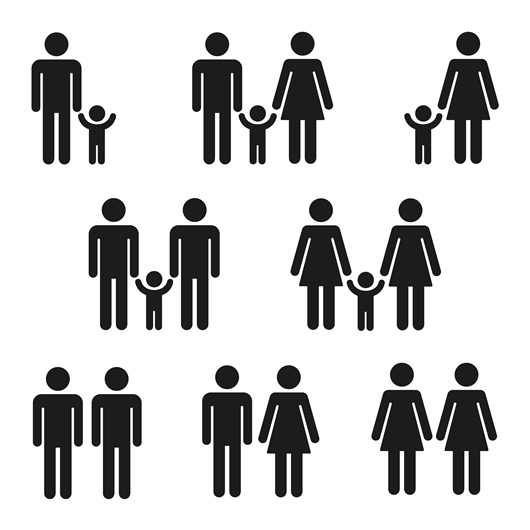 Männer und Frauen - Rollenbilder - Gendermarketing schwarze Männchen auf weißem Grund, verschiedene Paare und Familien